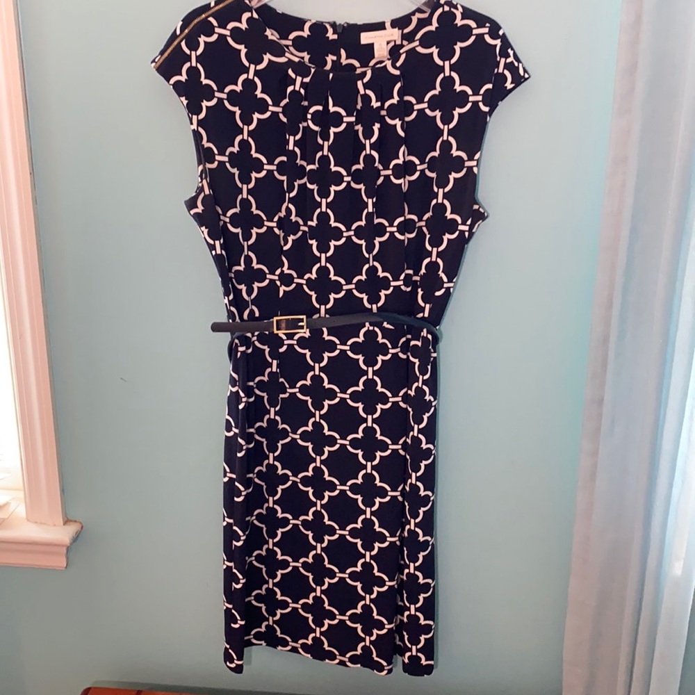 Navy and white geometric print dress with belt. Charter Club. Size 12.